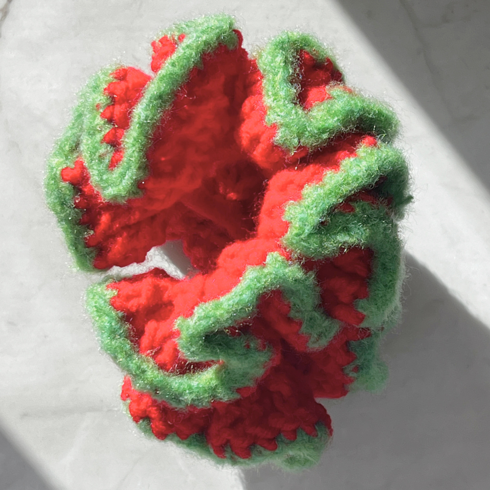 Strawberry Fields Crochet Scrunchie | Sweet & Spicy Hair Tie