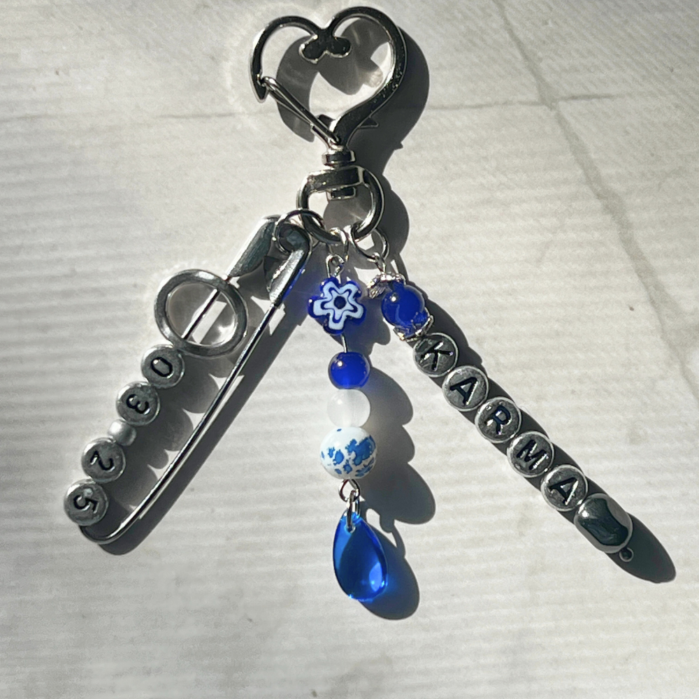 Stray Kids KARMA Keychain | Blue & Silver Beaded Keychain with Heart Clasp