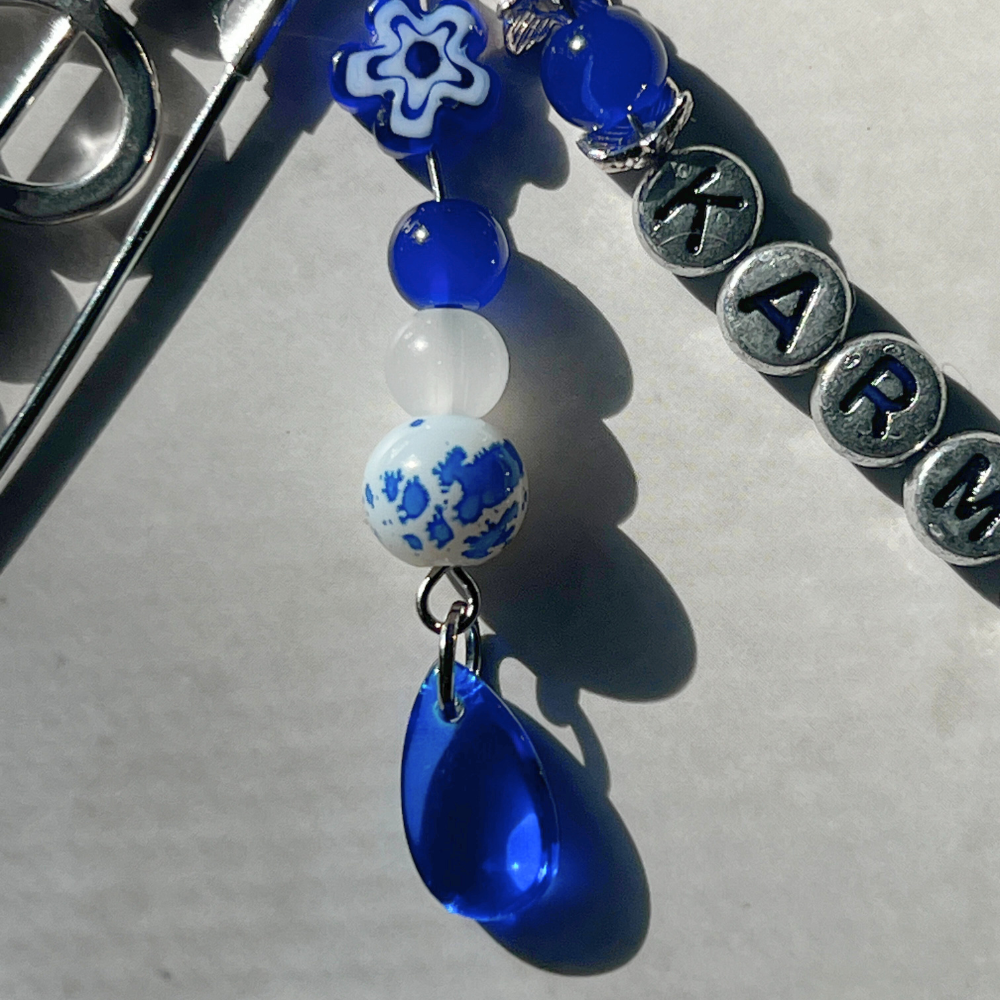 Stray Kids KARMA Keychain | Blue & Silver Beaded Keychain with Heart Clasp