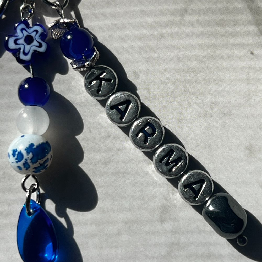 Stray Kids KARMA Keychain | Blue & Silver Beaded Keychain with Heart Clasp